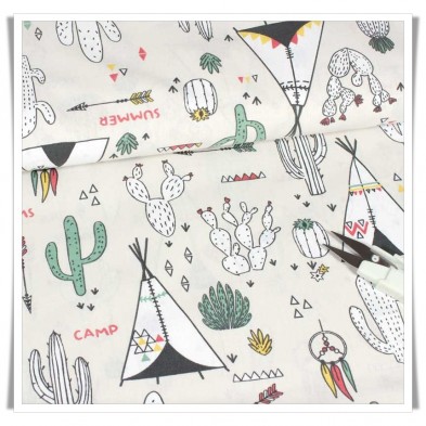 Tela algodón infantil con dibujos de cactus y tipis