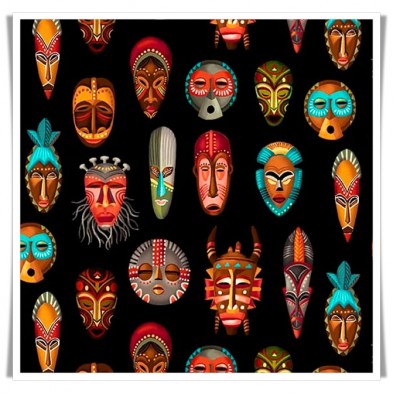 Tela estampada con dibujos de mascaras africanas