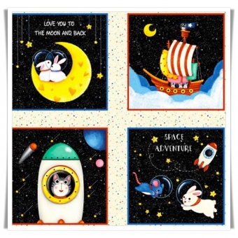 Tela con paneles de dibujos infantiles sobre animales en el espacio