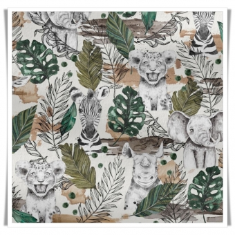 Tela estampada con dibujos de animales de la sabana como rinocerontes, elefantes, etc