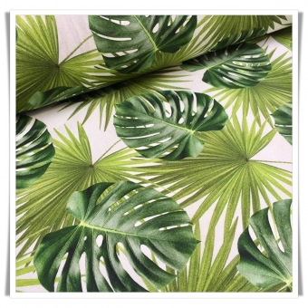Suave loneta de algodón con dibujos de hojas tropicales