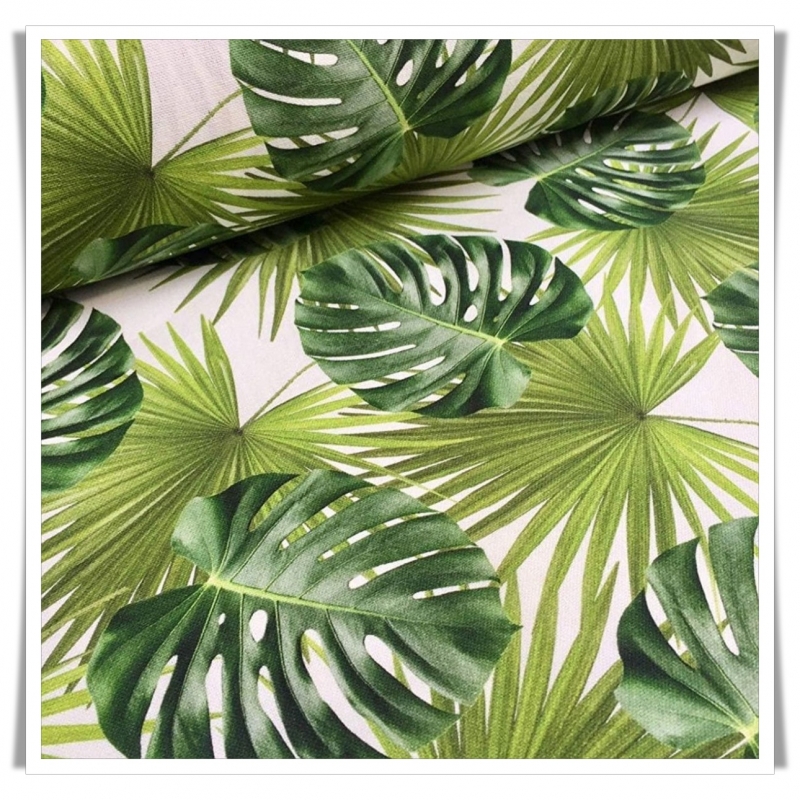 Suave loneta de algodón con dibujos de hojas tropicales